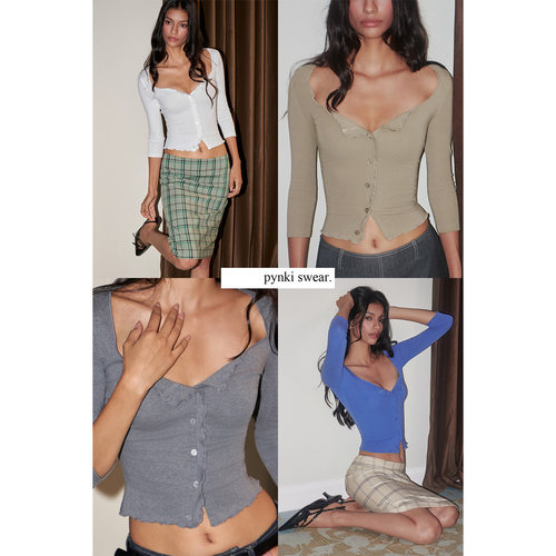 PynkiSwear 纯色V领木耳边中袖T恤女弹力针织修身上衣基础打底衫