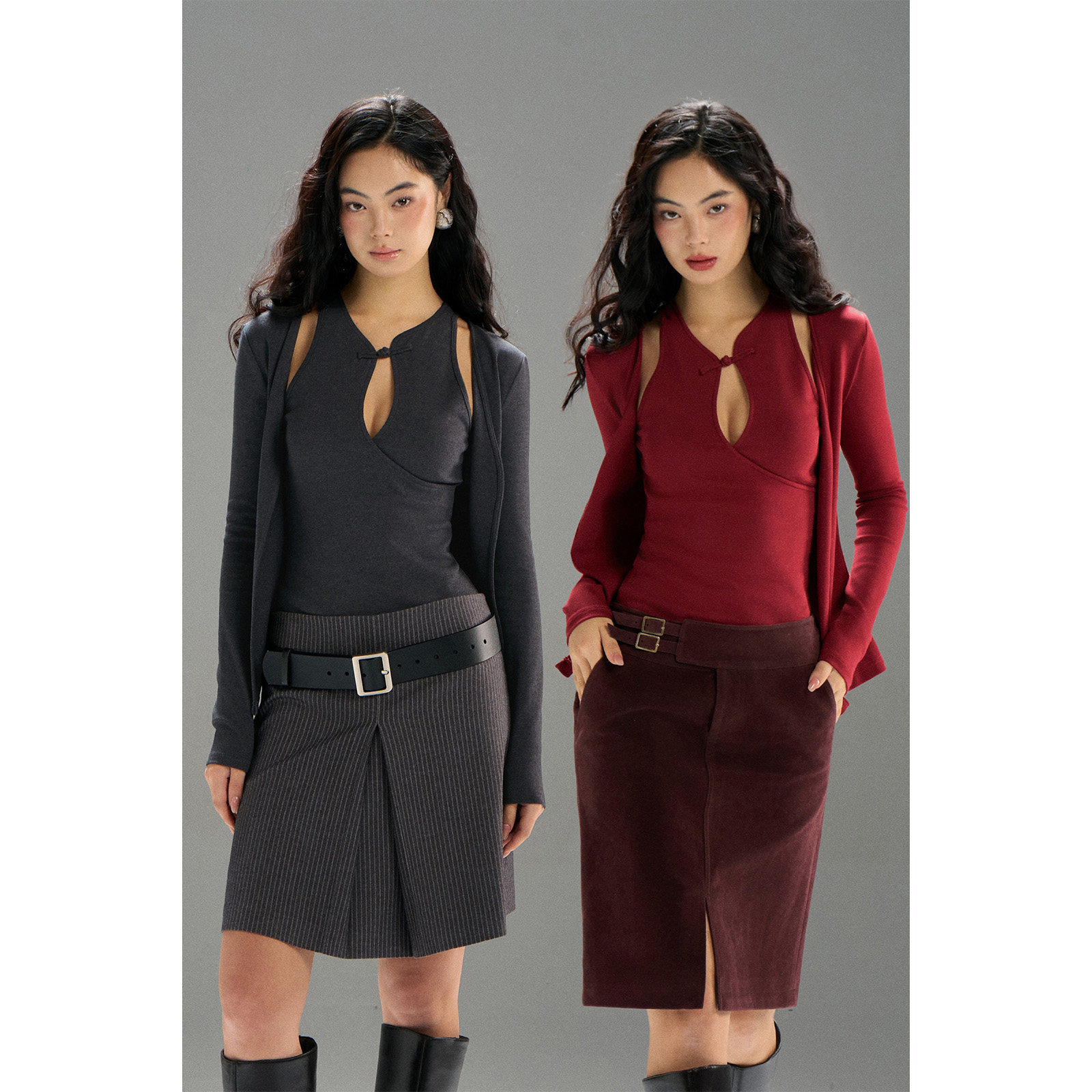 PynkiSwear 酒红色/深灰色复古盘扣镂空吊带长袖开衫新中式两件套,女装/女士精品,时尚套装,淘宝优惠券,粉丝福利购,淘宝优惠卷