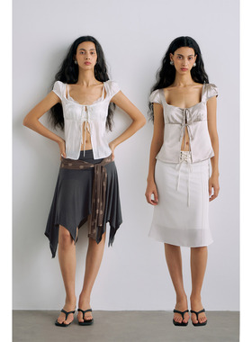 PynkiSwear 银色/白色缎面大方领雪纺衫女小众微透系带开衫上衣