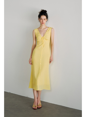 PynkiSwear 红色/黄色大V领收腰长裙女修身高智连衣裙夏