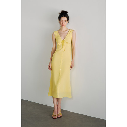 PynkiSwear 红色/黄色大V领收腰长裙女修身高智连衣裙夏