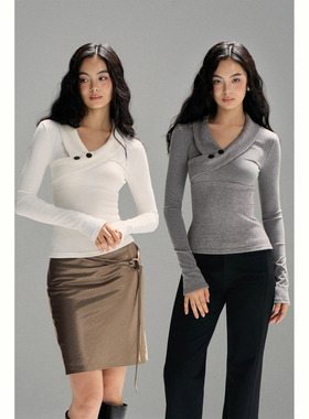 PynkiSwear 花灰色/白色V领修身针织衫女翻领拼接长袖打底上衣秋