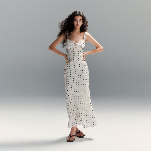 PynkiSwear 波点/绿色V领吊带印花拼接蕾丝长裙褶皱系带连衣裙女