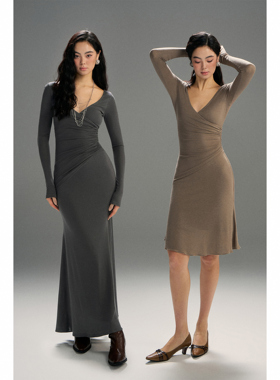 PynkiSwear 灰卡其/灰色莱赛尔羊毛深V围裹修身连衣裙褶皱中长裙