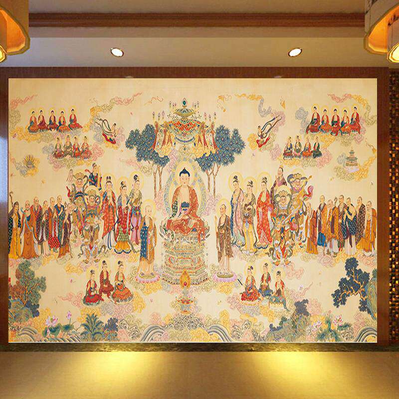 新中式千佛图壁纸壁画如来佛祖释迦牟尼寺庙佛堂背景定制墙布墙纸