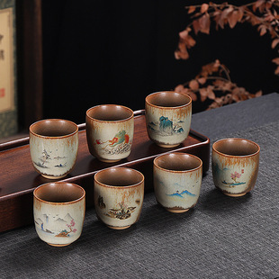 功夫茶杯家用轻奢会客泡茶杯高端主人杯 复古仿柴烧主人杯中式
