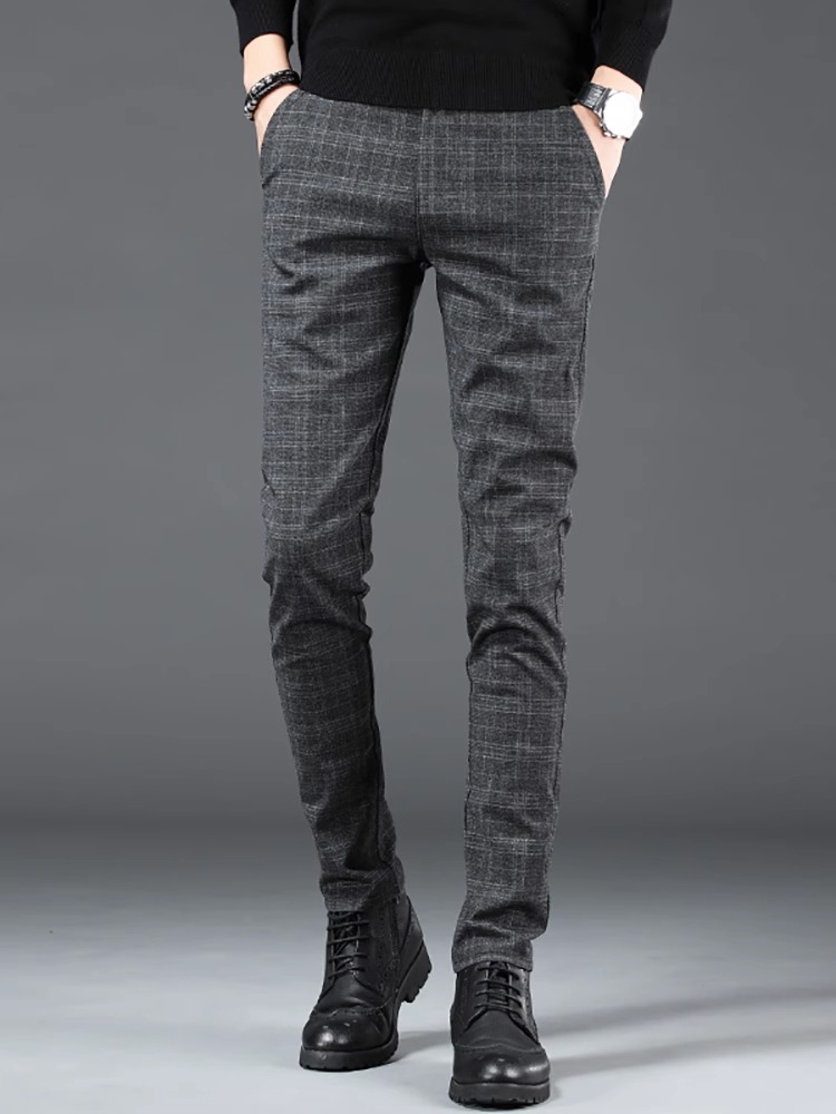 香港高端休闲裤男士韩版弹力修身小脚商务西裤英伦格子裤子男长裤