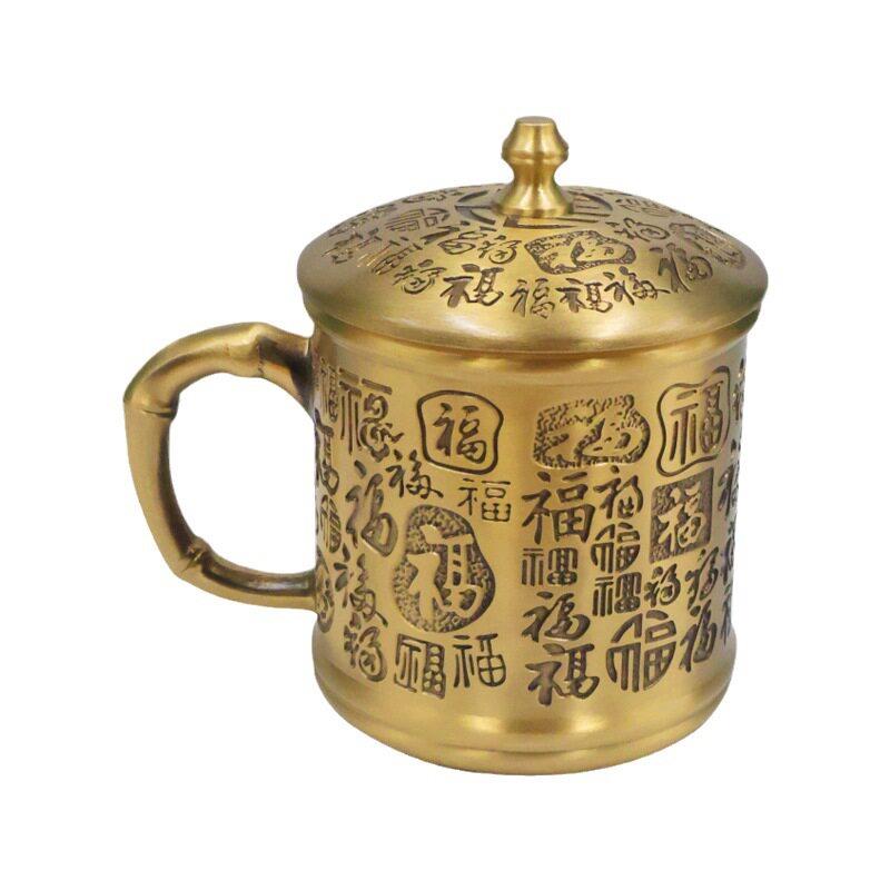 新款黄铜百福杯茶缸水杯茶杯个性复古怀旧茶道装饰品摆件工艺品