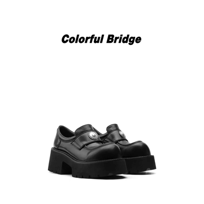 Colorful Bridge【曜印】黑色金属扣饰单鞋 圆头矮子乐厚底德比鞋