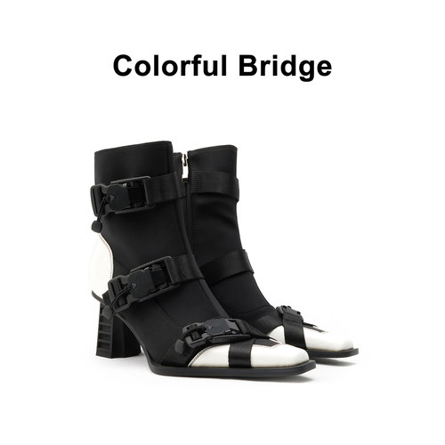 Colorful Bridge丨时装机能靴 磁吸锁扣白色方头女士小短靴