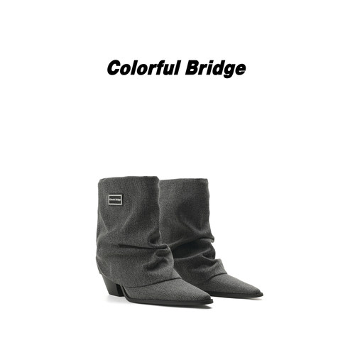 Colorful Bridge【雾野】牛仔布一脚蹬堆堆靴 宽筒小方头女士矮靴