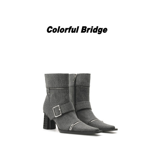 Colorful Bridge【荒刃】牛仔布拉链时装靴 异形跟废土风方头短靴