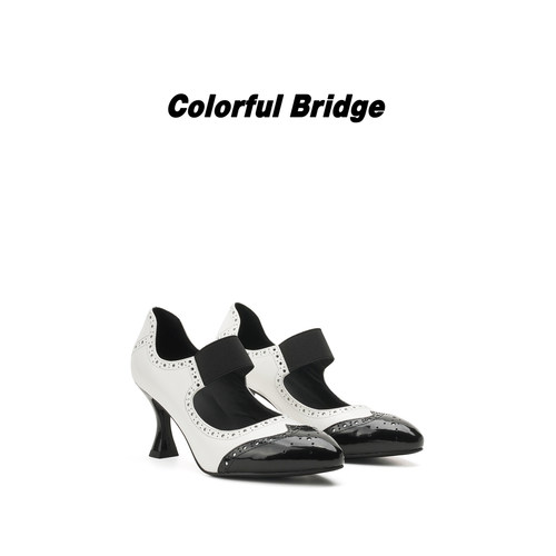 Colorful Bridge【序影】布洛克雕花玛丽珍鞋 松紧带黑白高跟鞋