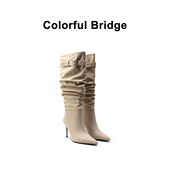Colorful 女士长靴 设计师款 Bridge 手工堆褶牛皮腰带扣高筒靴