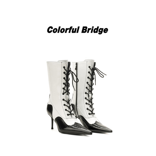 Colorful Bridge【裁界】黑白撞色布洛克复古时装靴绑带中筒靴