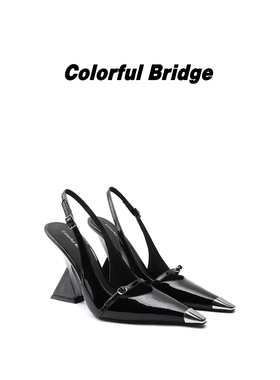 Colorful Bridge【棱影】异形坡跟高跟 金属小方头后空浅口凉鞋