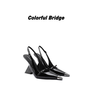 異形坡跟高跟 Colorful Bridge 棱影 金屬小方頭后空淺口涼鞋