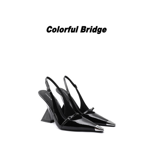 Colorful Bridge【棱影】异形坡跟高跟 金属小方头后空浅口凉鞋