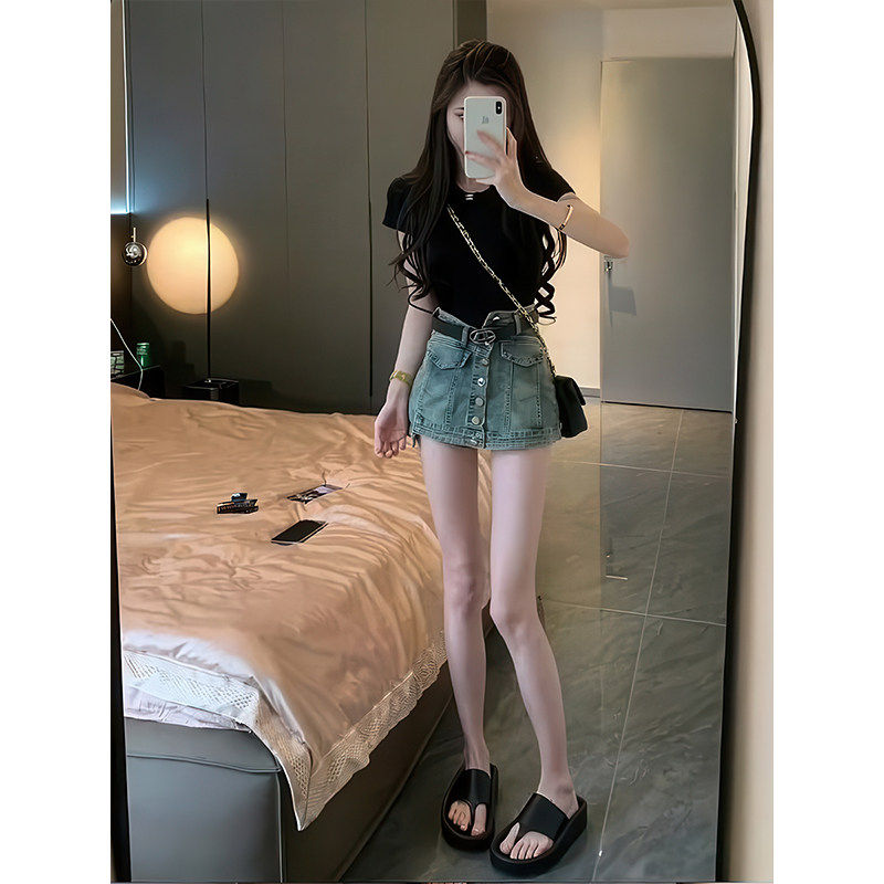 复古不规则高腰牛仔短裙