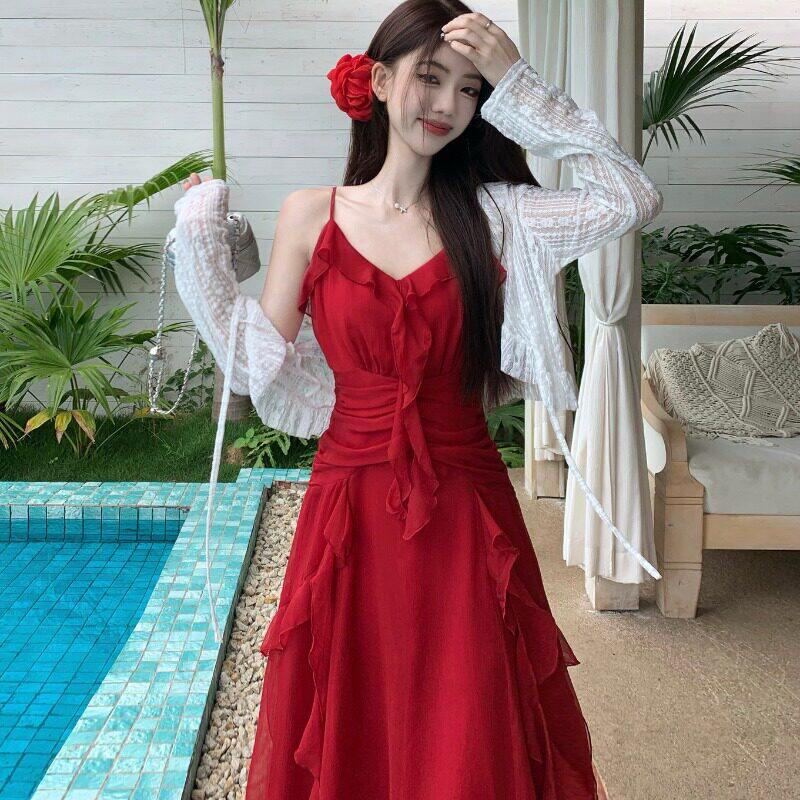 海边度假风红色吊带洋装