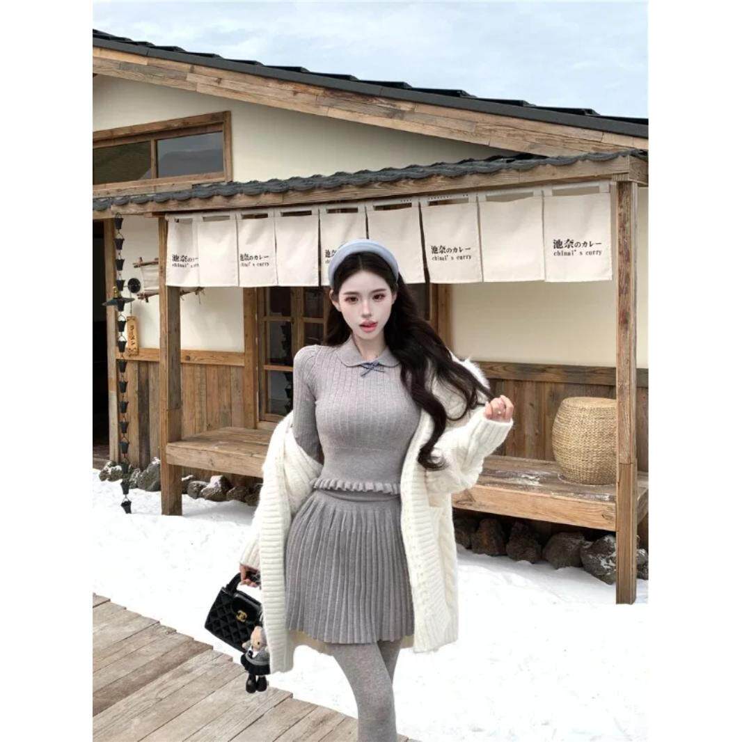 学院风蝴蝶结针织上衣百褶半裙女秋显瘦气质套装