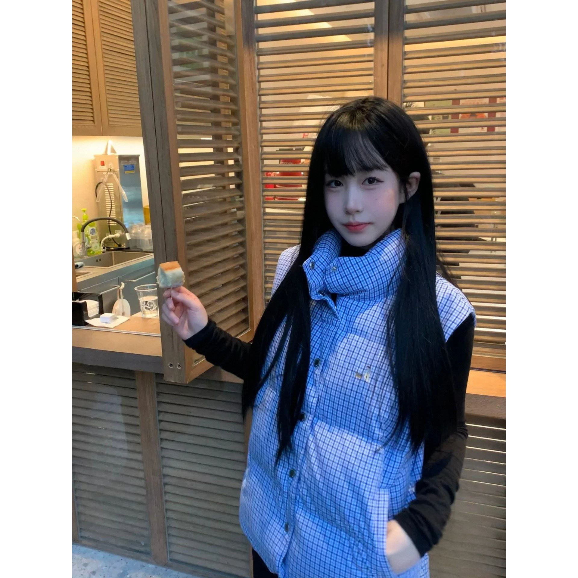 女装格纹刺绣格子棉服马甲保暖无袖背心外套女