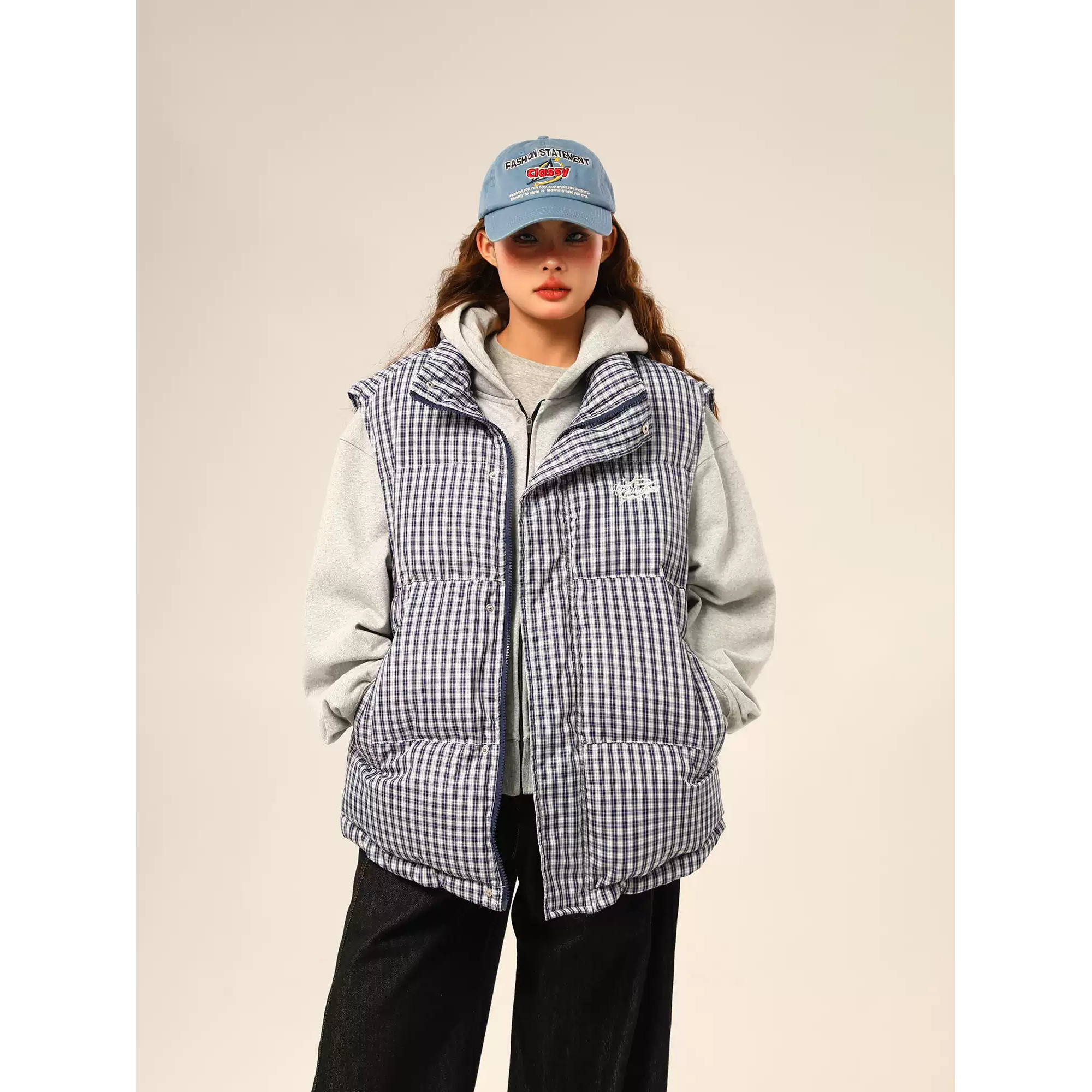 色织格美式格纹马甲棉服女冬季宽松刺绣外穿百搭保暖拉链外套潮