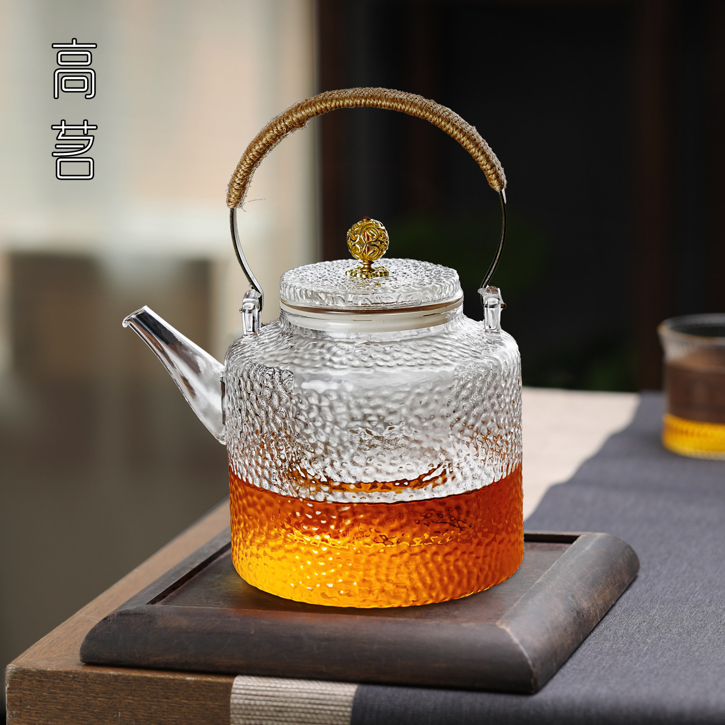 高茗大容量黑晶炉煮茶壶防烫高硼硅锤纹加厚提梁壶玻璃围炉煮茶壶