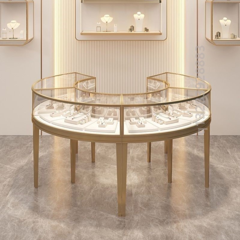 弧形珠宝展示柜首饰铁艺柜台不锈钢圆弧珠宝柜商场玻璃珠宝柜