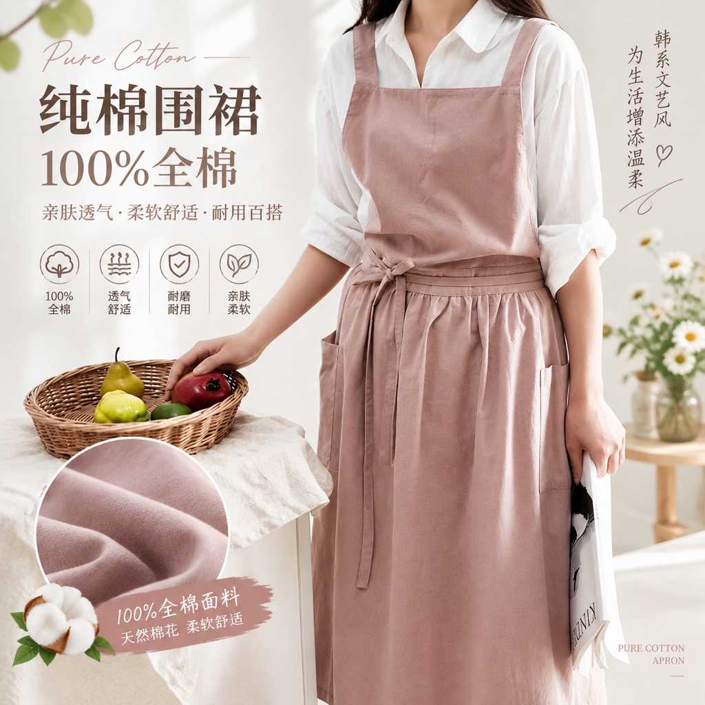 纯棉围裙100布全棉韩版日系学院风奶茶店花艺工作服文艺纯棉罩衣