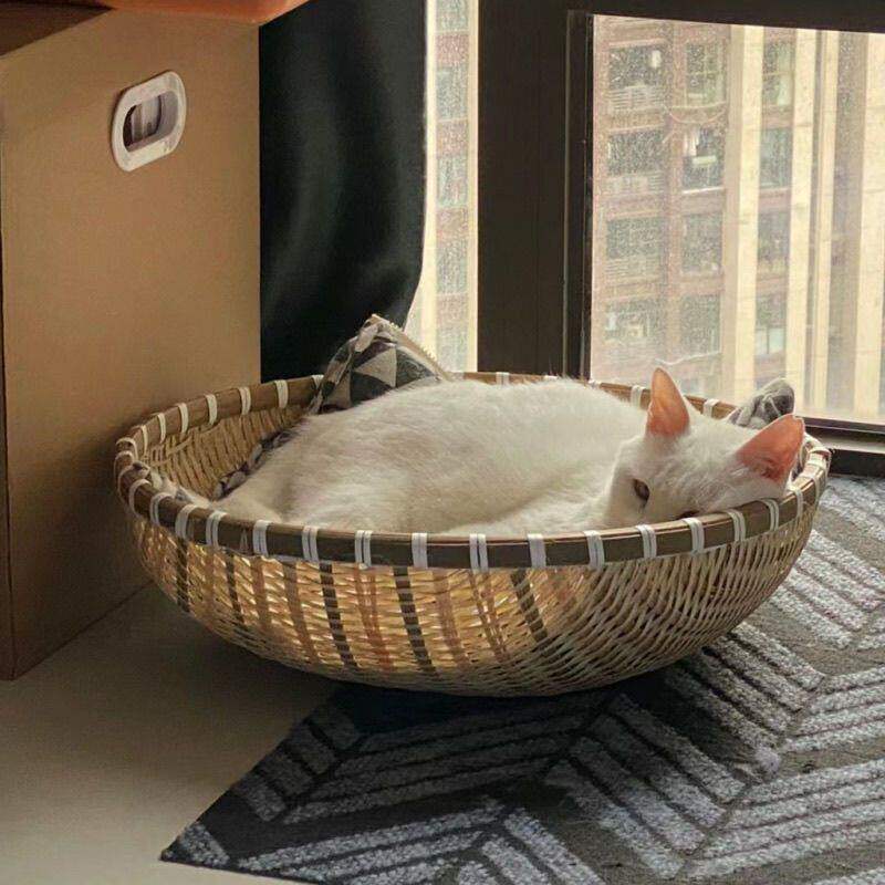 竹制宠物窝猫窝手工竹编篮晒盘夏天猫床猫咪睡觉床宠物窝猫抓板猫