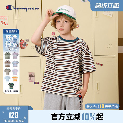 Champion冠军刺绣条纹短袖T恤