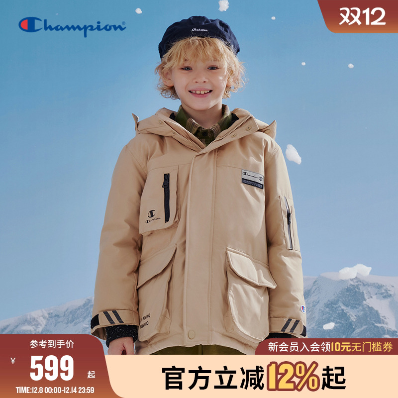 Champion冠军男女儿童装25冬季复古亲子多口袋保暖鸭绒连帽羽绒服