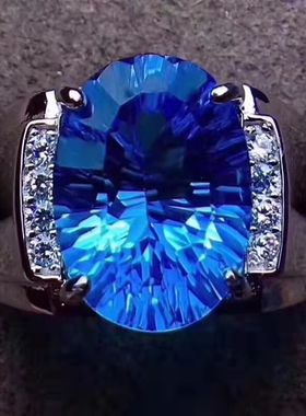 新款时尚气质瑞士蓝戒指无优化霸气男款镶嵌锆石高品质活口款