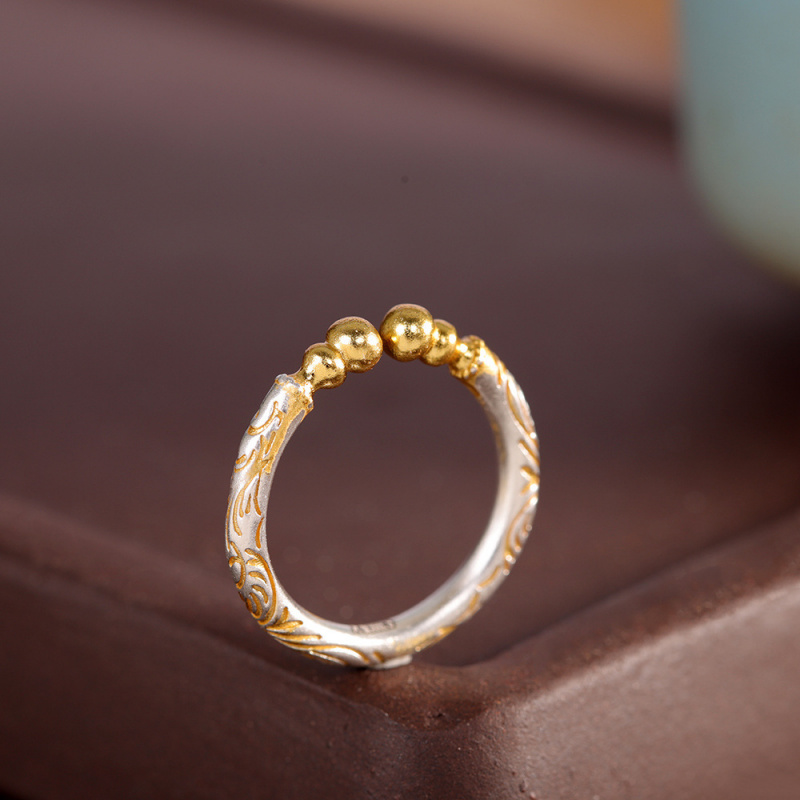 新款国潮卷草纹开口指环古法轻奢