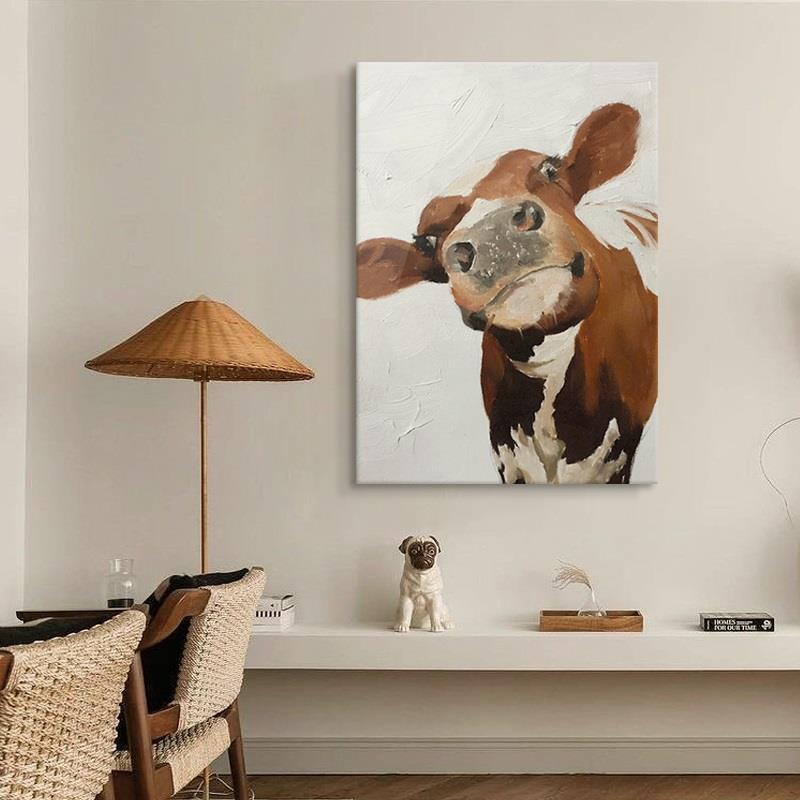 现代牛气冲天客厅装饰画可爱动物牛肌理手绘油画玄关餐厅中古挂画图片