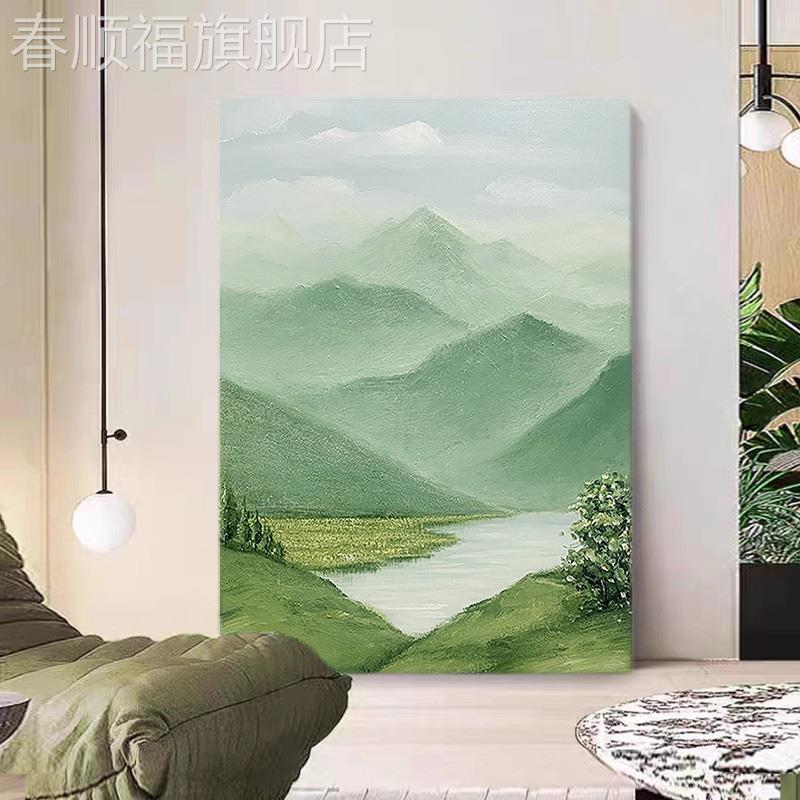 大芬村客厅奶油风装饰画玄关手绘风景油画山水壁画浅绿色丙烯挂画图片
