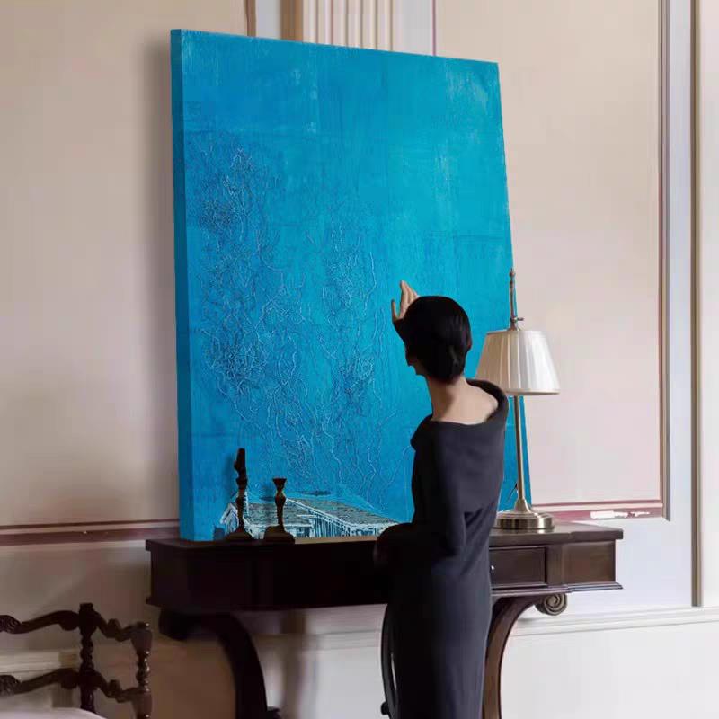 现代简约抽象蓝色玄关装饰画入户正门高级感挂画酒店客厅艺术壁画