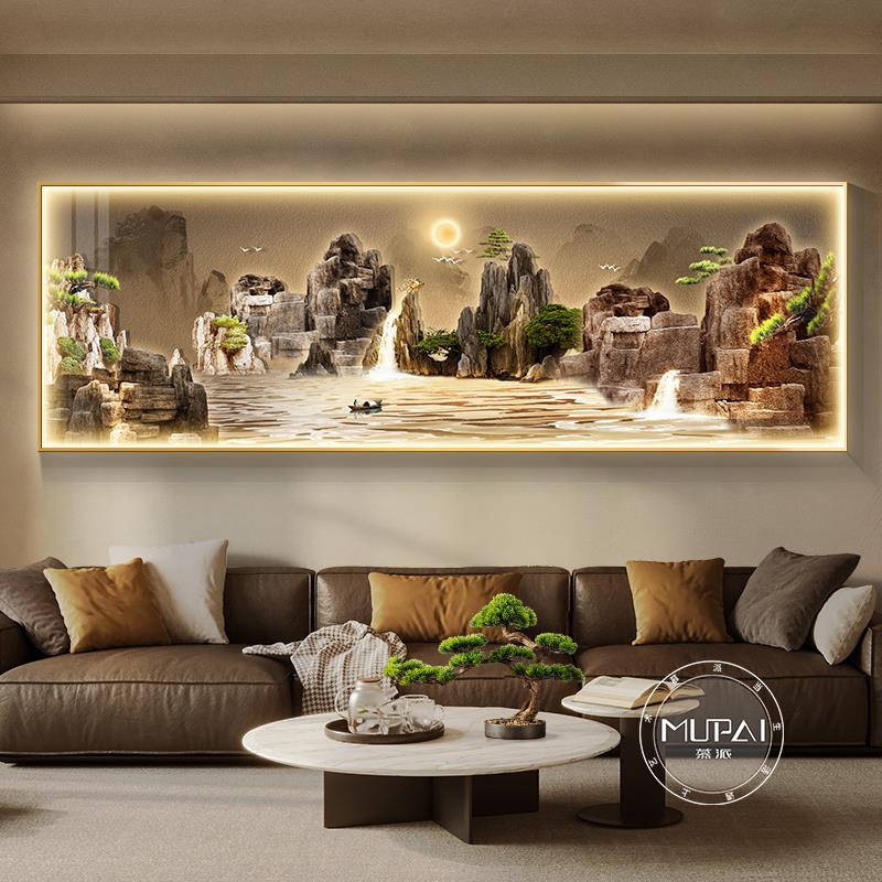 装饰画茶室壁画山水画沙发客厅挂画生财灯画办公室流水背景墙大气