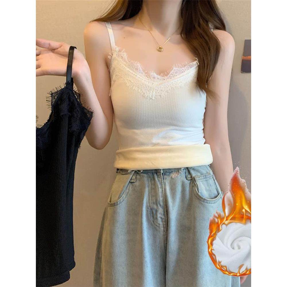 加绒吊带背心女秋冬蕾丝边V领紧身发热马甲加厚一体绒保暖背心