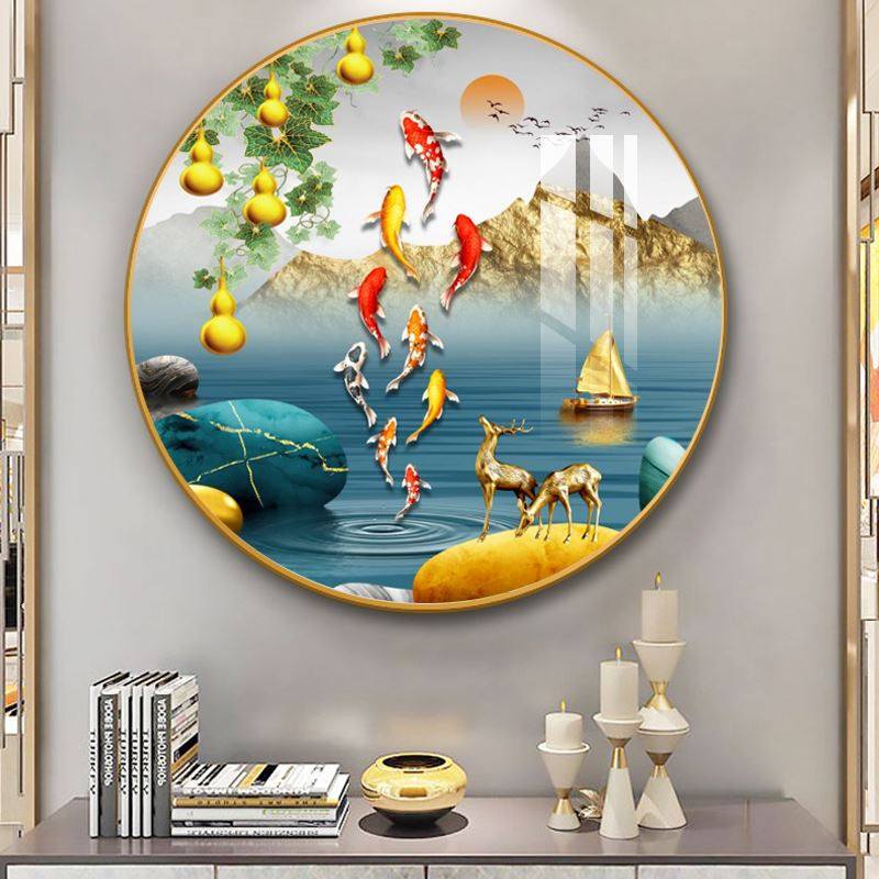 客厅玄关圆形装饰画鱼图福禄寓意好的走廊过道背景墙葫芦壁挂画