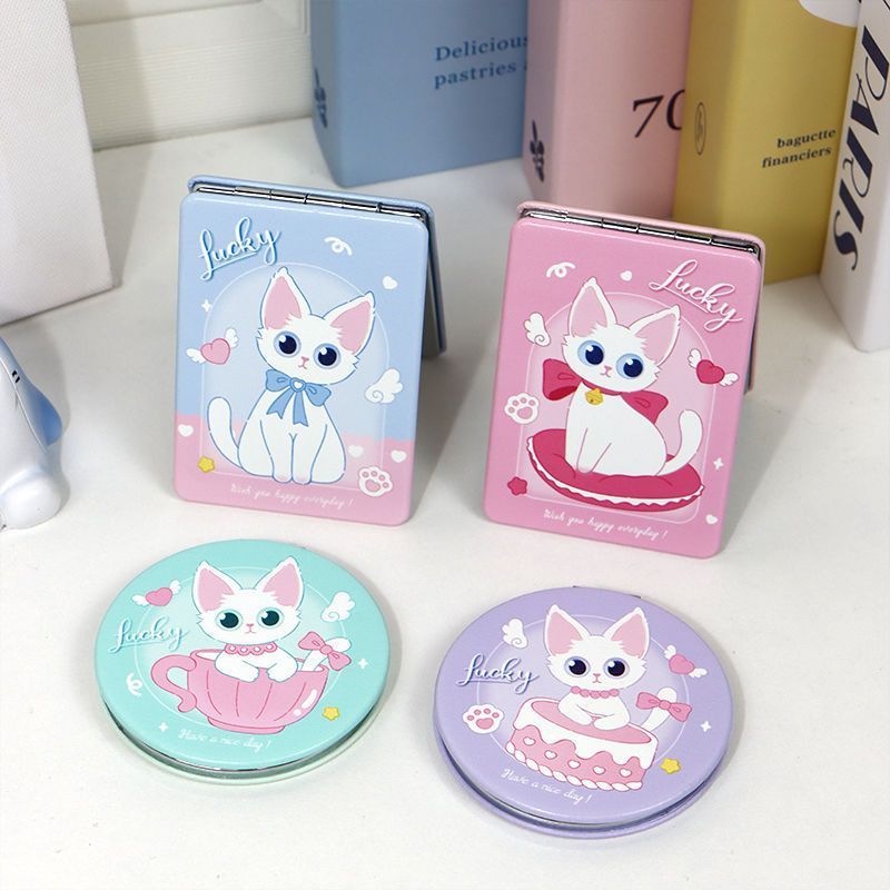 可爱猫咪迷你小镜子卡通少女双面折叠翻盖可放大便携式外出化妆镜