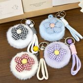 毛绒小镜子可爱小花包挂件双面折叠随身迷你化妆镜学生宿舍镜子