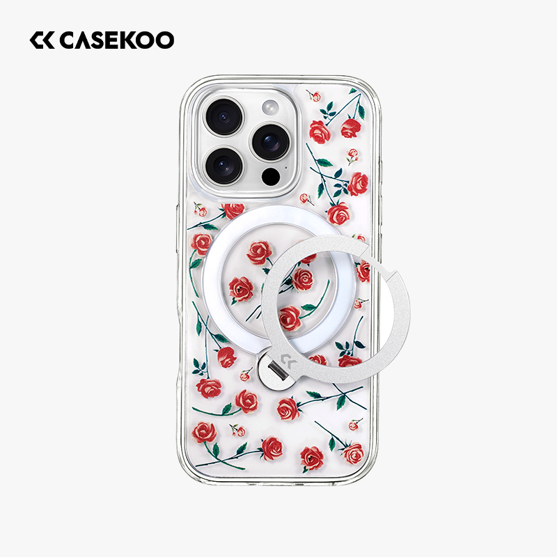 CASEKOO褪色玫瑰支点壳Qpro适用苹果16ProMax手机壳iPhone15Pro新款磁吸支架Magsafe高级por防摔ip+16透明