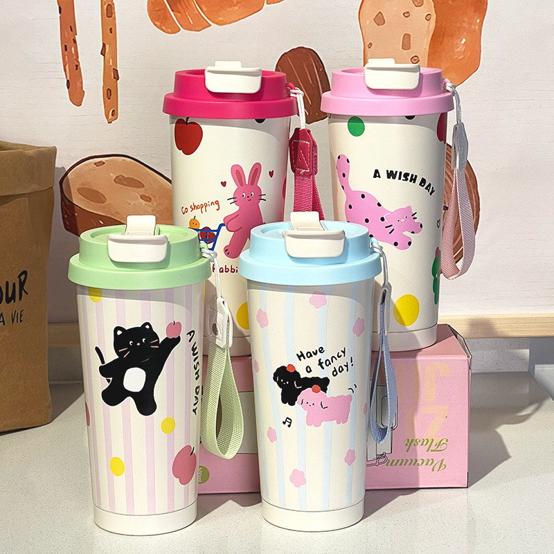 高颜值咖啡保温杯新款2024双饮水杯女生大容量带吸管随行不锈钢杯