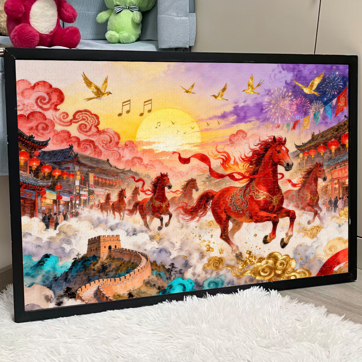 2026年万马奔腾拼图一千片木质带框过年新春装饰挂画益智玩具礼物