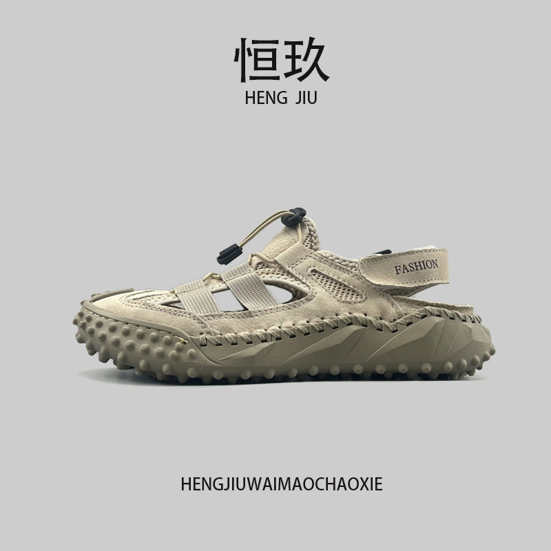 欧美 外贸单 夏季男士手工缝线真皮魔术贴凉鞋户外耐磨防滑沙滩鞋