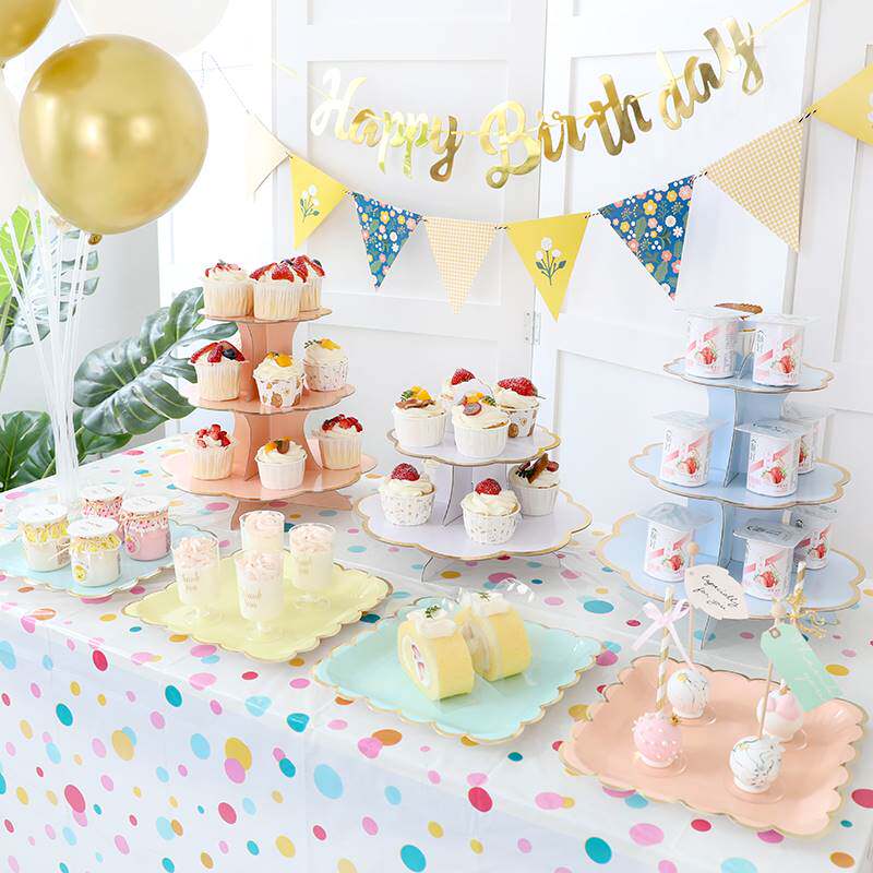 生日布置甜品台摆件婚礼展示架子一次性三层摆台蛋糕托盘点心架