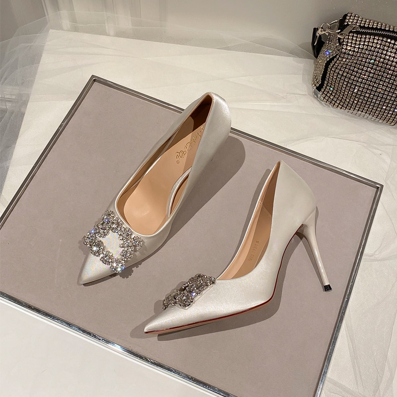 LET THE FLOWER BECOME A FLOWER POINTED TOE SQUARE BUCKLE RHINESTONE SATIN HEELS WOMENS FRENCH ELEGANT STILETTOS BRIDESMAID SHOES