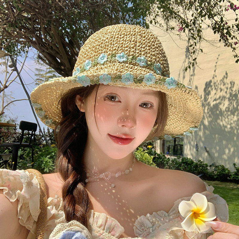粉色花朵草编渔夫帽子女夏2026新款大檐海边度假沙滩遮阳防晒草帽